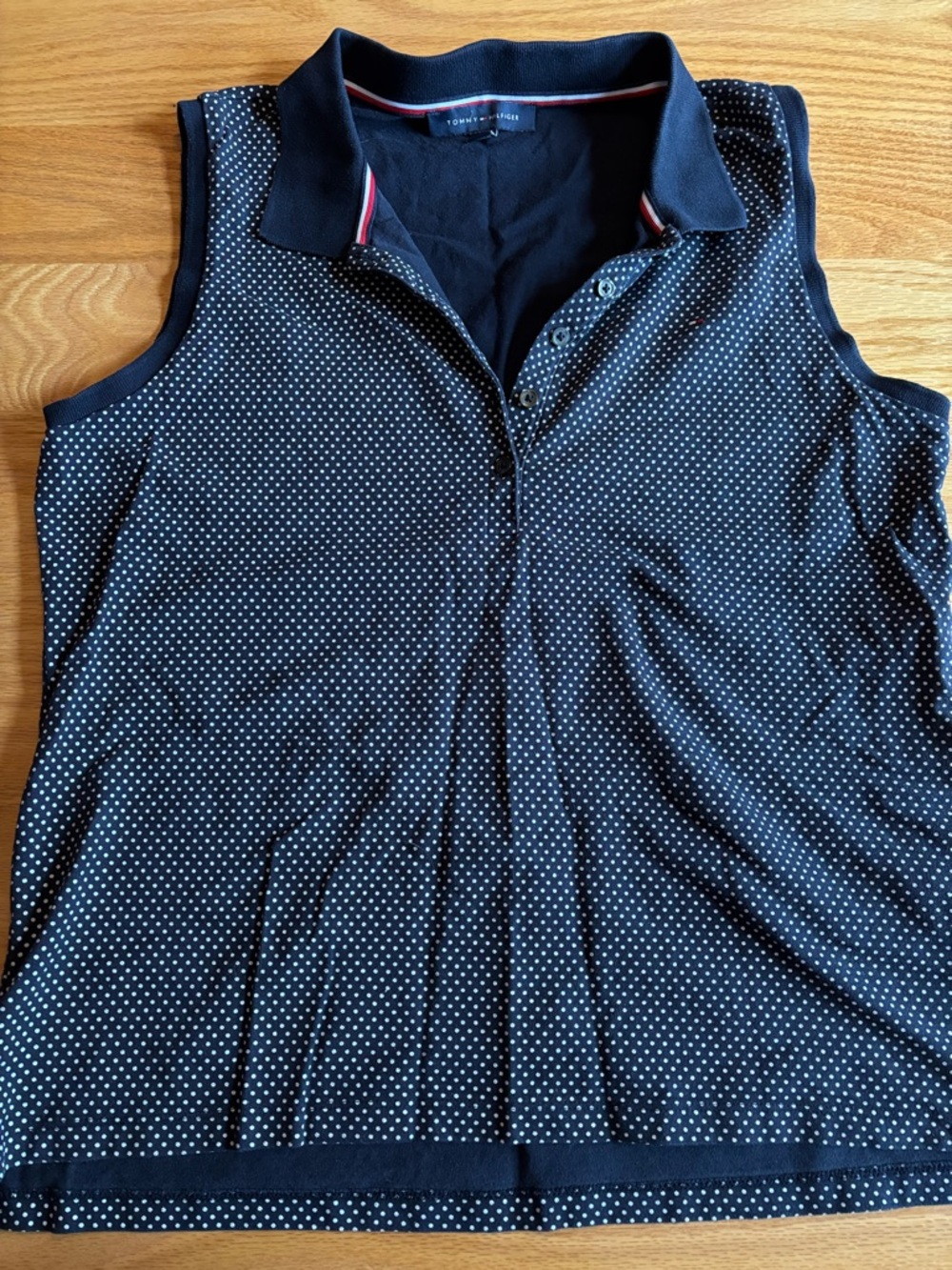 Tommy Hilfiger Women’s Sleeveless Polo Golf/tennis Shirt L Navy Blue wPolka Dots